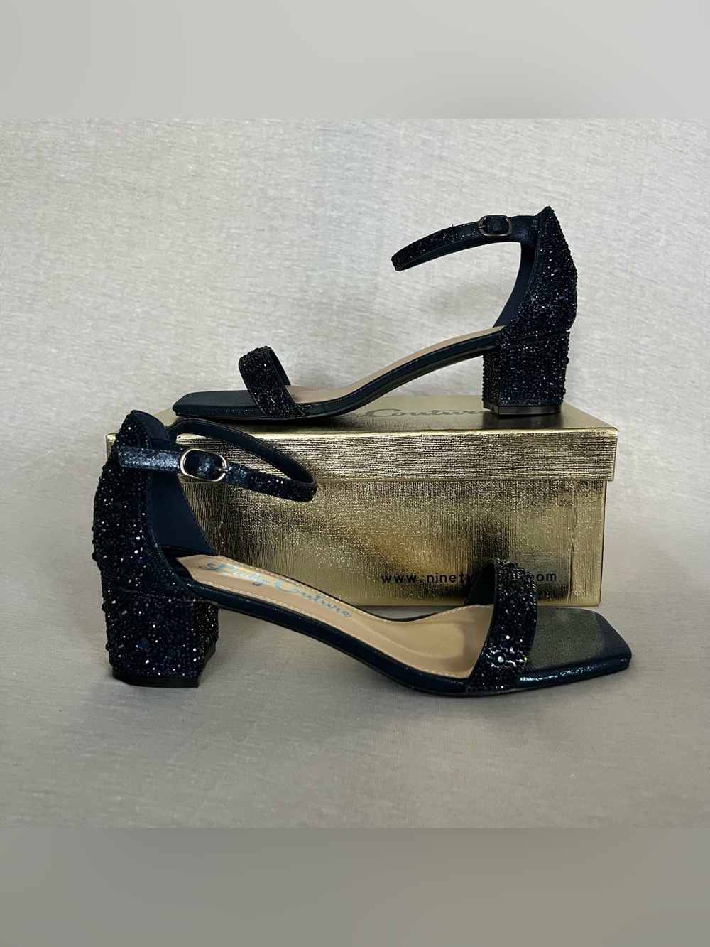 Lady Couture Dazzle Navy Glitter Block Heel Ankle Strap Square-Toe Sandals